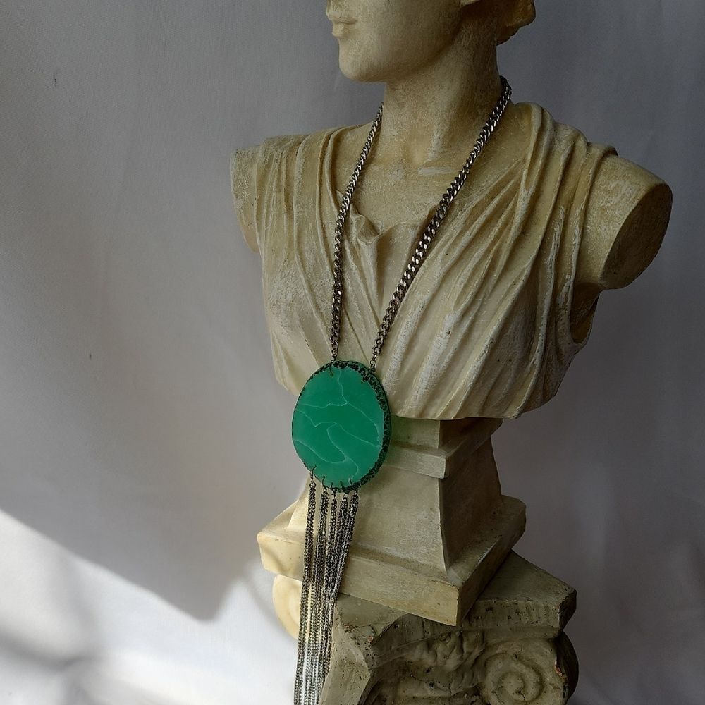 Artsy Aventurine Style Statement Chunky Chain Fringed Necklace